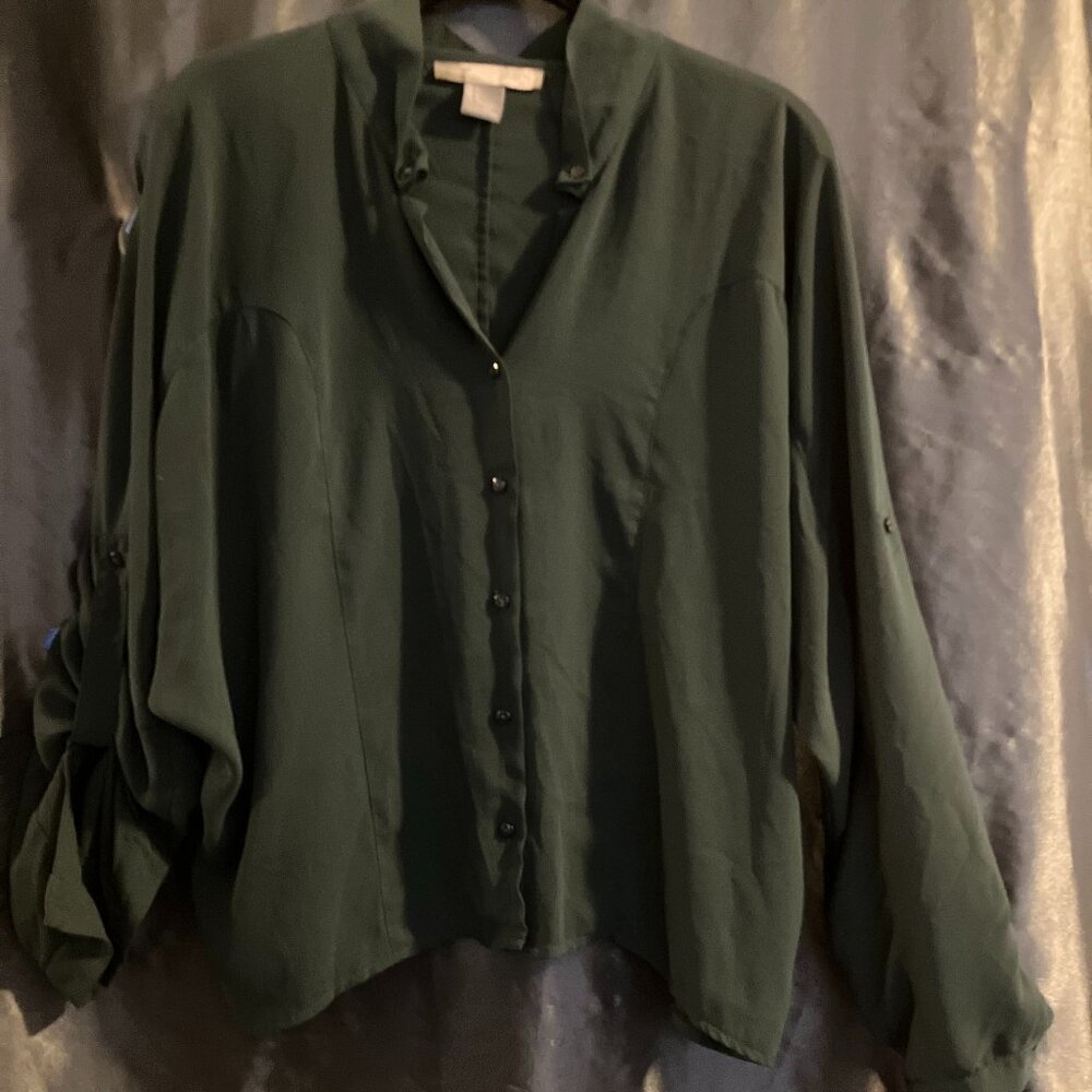 Sheer Olive Drab / Dark Green Cropped Button Down Blouse Love 21 sz L